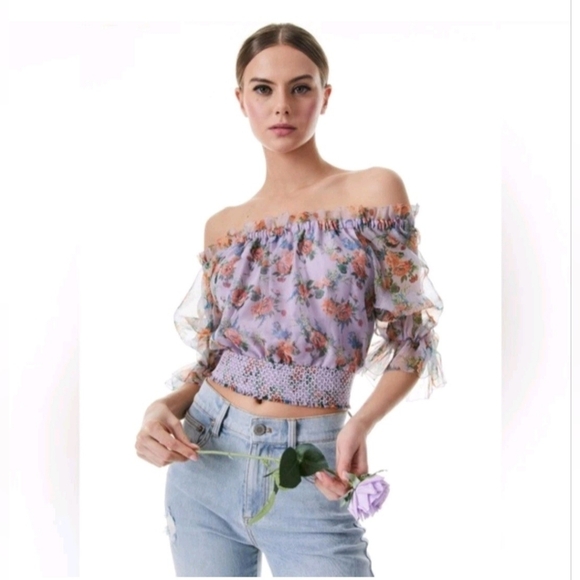 ALICE + OLIVIA Caprina Silk Puff Sleeve Off Shoulder Crop Top Size Small NWOT - Picture 10 of 15